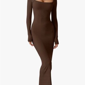 Qinsen Brown Long Sleeve Dress